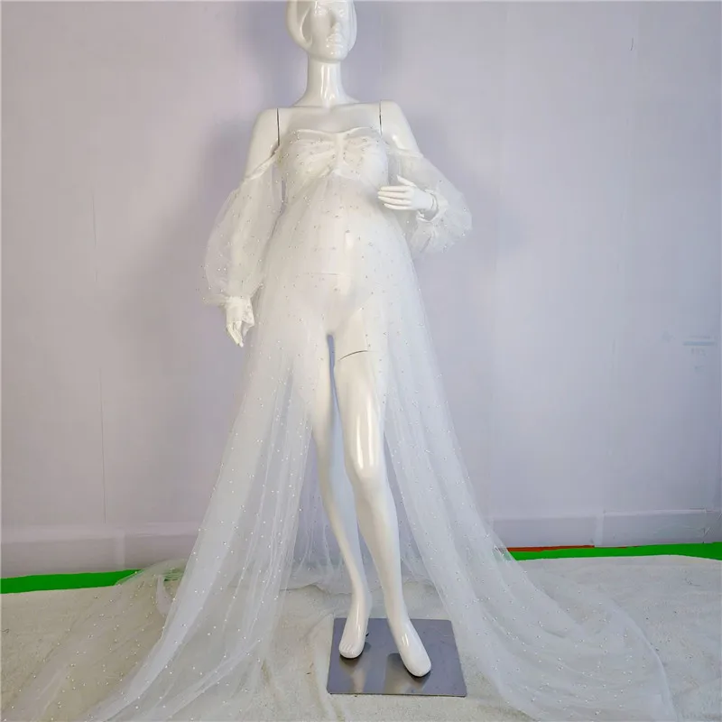 Maternity Photography Props Women Pregnancy Transparent Tulle Pearl Long Dresses for Photography photo shoot Props Cloth