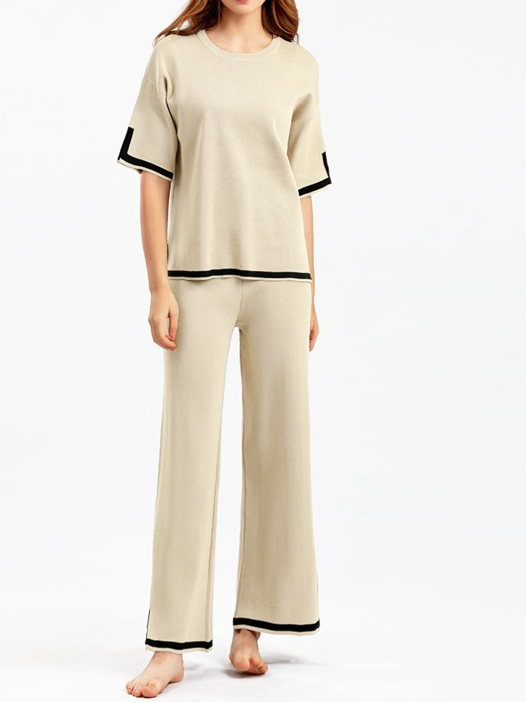 

Новый костюм, темперамент, контрастный цвет, вязаный свитер с короткими рукавами и высокой талией, тонкие широкие брюки, брюки, комплект из двух предметов