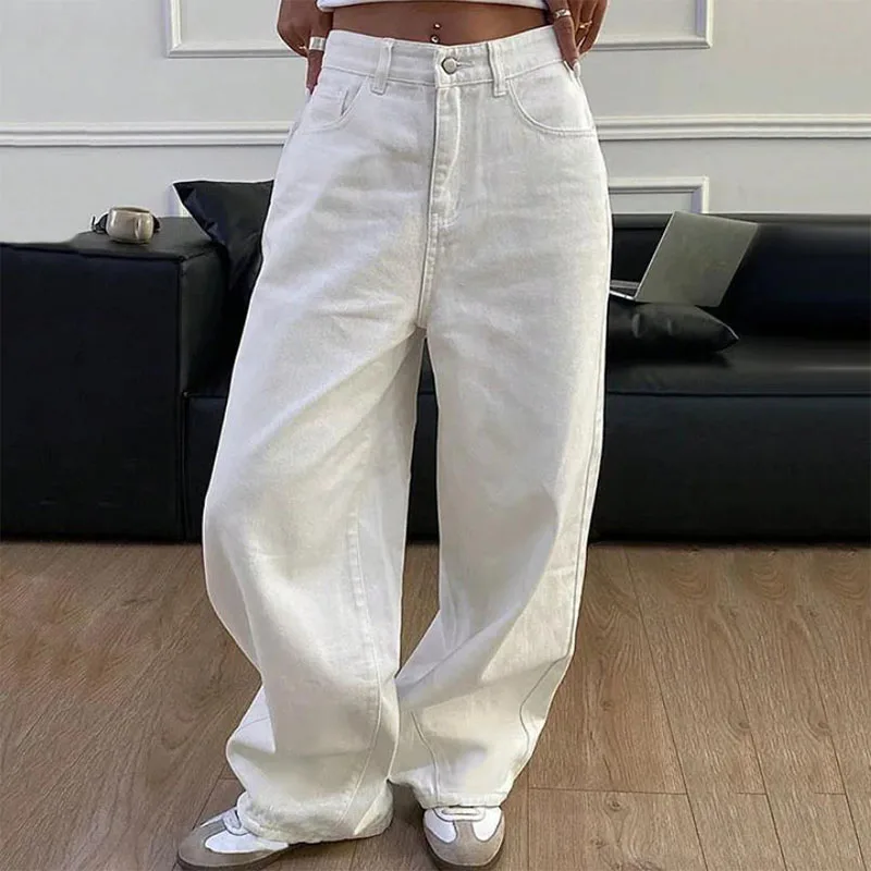 

High Waist Jeans For Women Pocket Solid Color Retro Wide Leg Denim Pants Casual Streetwear Office Lady Loose Straight Trousers