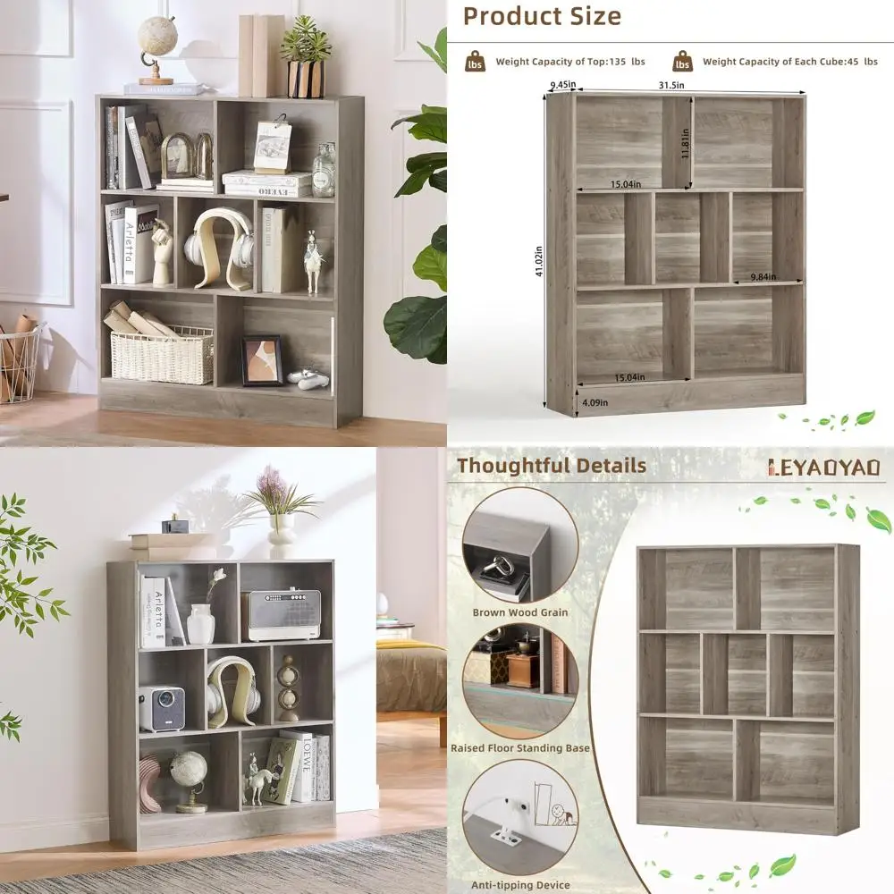 

Mid-Century Modern Grey 3-Tier Wide Bookshelf Storage Organizer with Base for Books and DecorMid-Century Modern Grey 3-Tier Wide