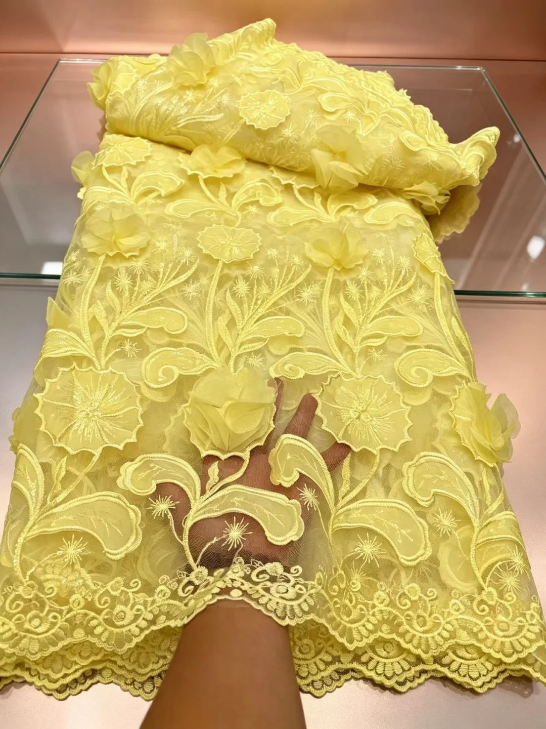 Embroidery Rose - قماش دانتيل تول ثلاثي الأبعاد بنقشة