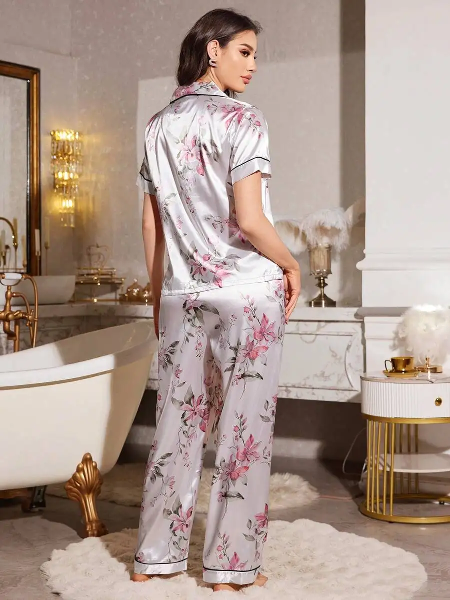 

Floral Print Faux Silk Notch Collar Short Sleeve Pajama Set
