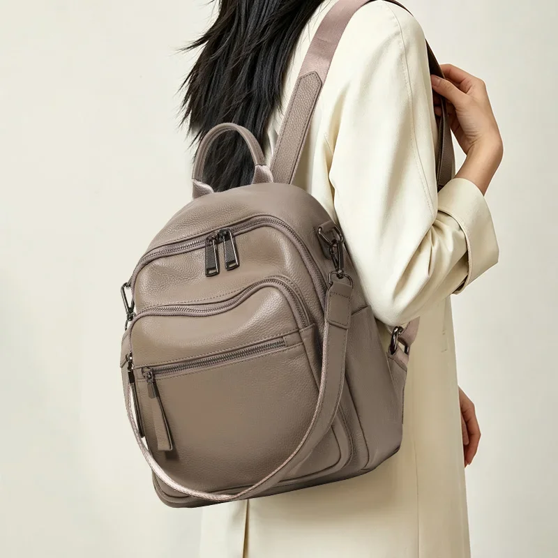 Aidrani Cowhide Women Travel Backpack, Multi‑Pocket Anti‑Theft Rucksack, Convertible Zipper Shoulder Handbag for Daily Outdoor