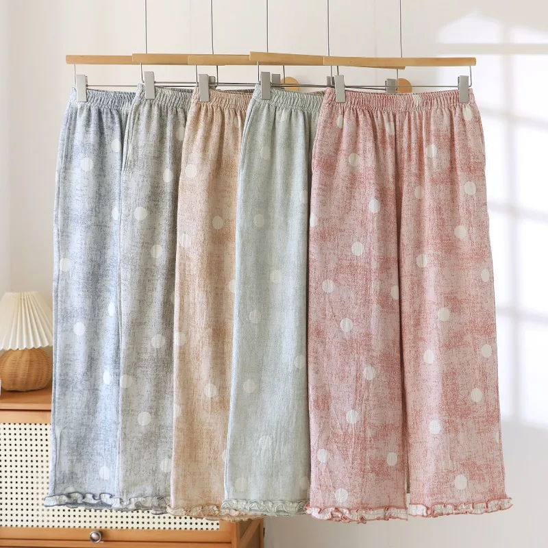 

Women Polka Dot Home Pants Autumn Elastic Waist Loose Sleep Bottoms Cotton Linen Sleepwear With Frill Trim Wide Leg Trousers
