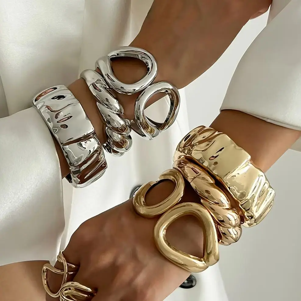 DIEZI Luxury Trendy Gold Color Heavy Metal Bangles for Women Men Exaggerated Punk Irregular Geometric Bracelet Party Jewelry