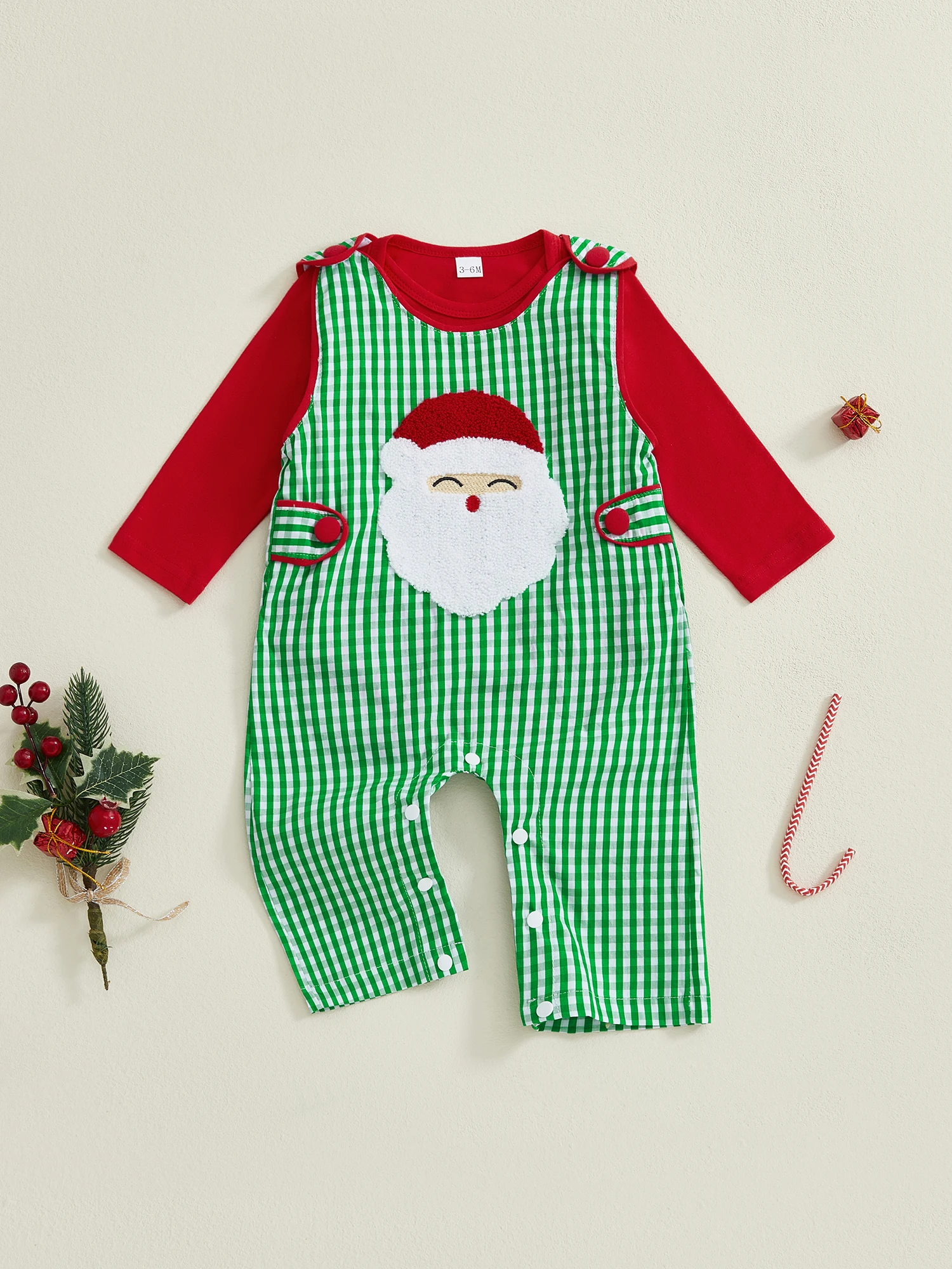 Costume natalizio unisex per bambini, pagliaccetto scozzese rosso e tuta ricamata con Babbo Natale, completo da 2 pezzi per neonati e ragazze