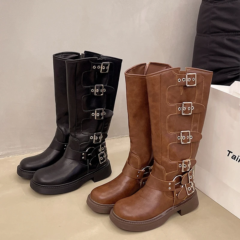 Autumn and Winter 2024 Vintage Boots Thin Western Cowboy Boot Medium Heel Leather Boots Cavalry Boots