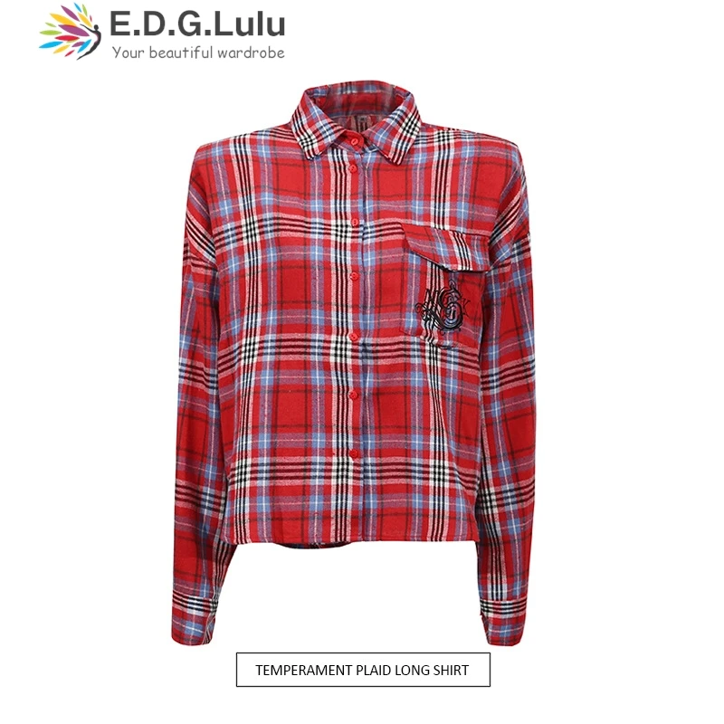 

EDGLuLu Leisure Street Retro plaid printed T-shirt woman turn-down collar Single Breasted long sleeve Commuter T-shirt 0708