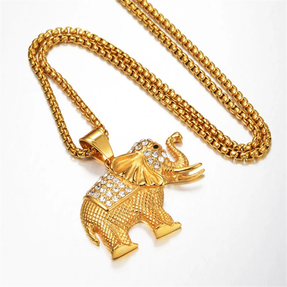 Hip Hop Iced Out Elephant Pendant Female Gold Color Stainless Steel Zirconia Animal Necklace for Women Men Luxury Jewelry Gift