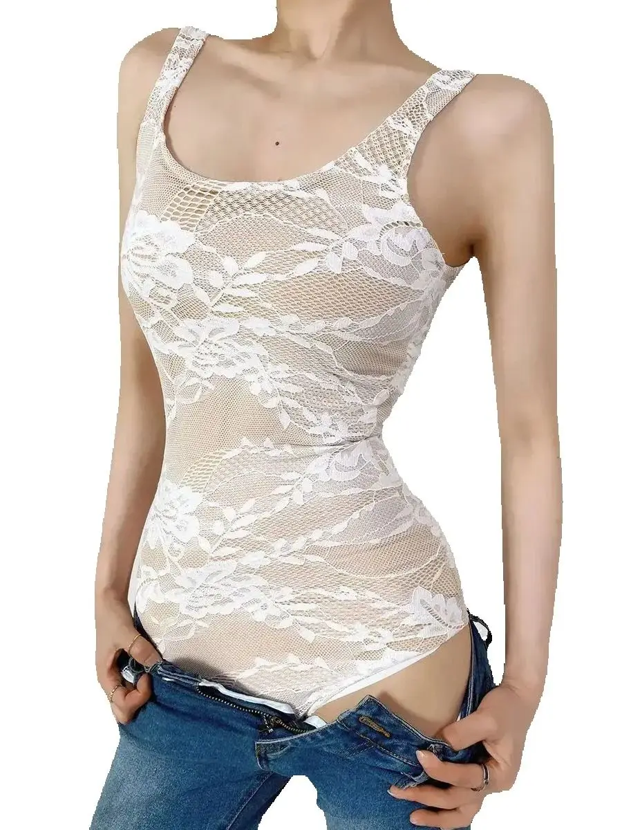 Women's Elegant Sleeveless Backless U-neck Beige Lace Bodysuits Lady High Quality Street Bodycon Rompers Jumpsuits Catsuits Tops