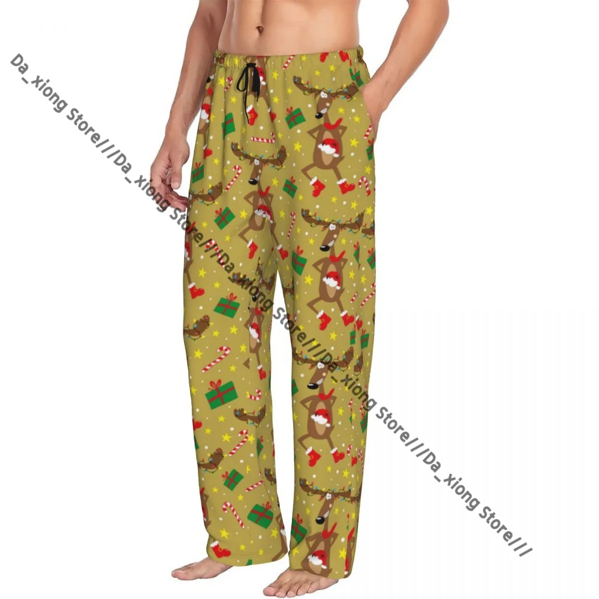 Cartoon Reindeer Pattern Mens Pajamas Pyjamas Pants Lounge Pants Sleep Bottoms