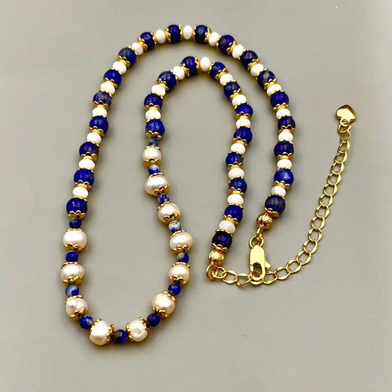 

Statement French Retro Natural Lapis Lazuli Stone Strand Mix Natural Pearls Necklace Fashionable High-end Niche Collarbone Chain