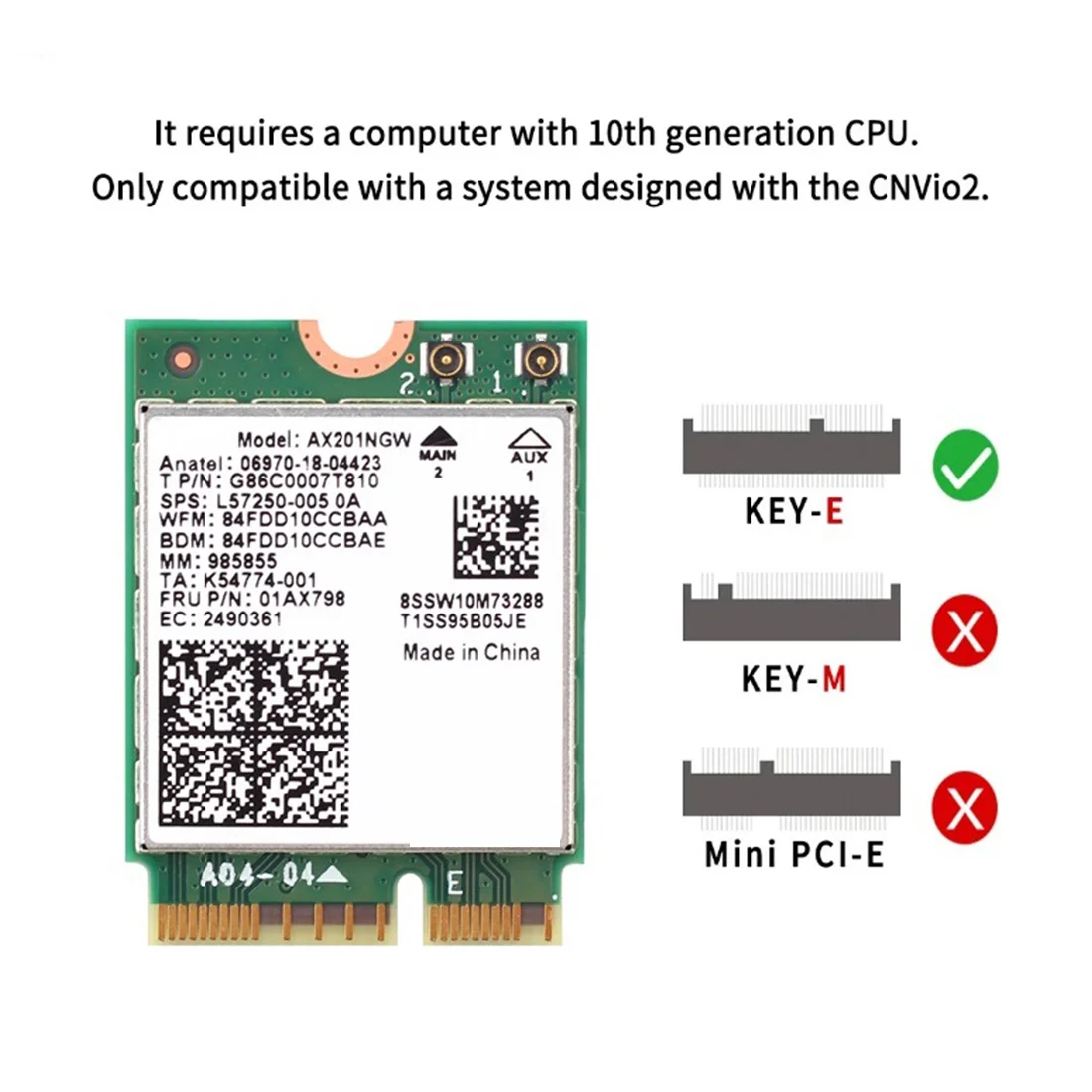 Карта Wi-Fi 6 AX201 M.2 Key E CNVio 2, 5,0 Мбит/с, 2,4 ГГц/5 ГГц