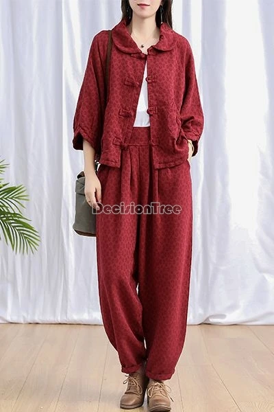 

2025 женский костюм Тан в китайском этническом стиле из хлопка и льна в стиле ретро, комплект из двух предметов, свободный модный элегантный новый комплект Cheongsam для женщин