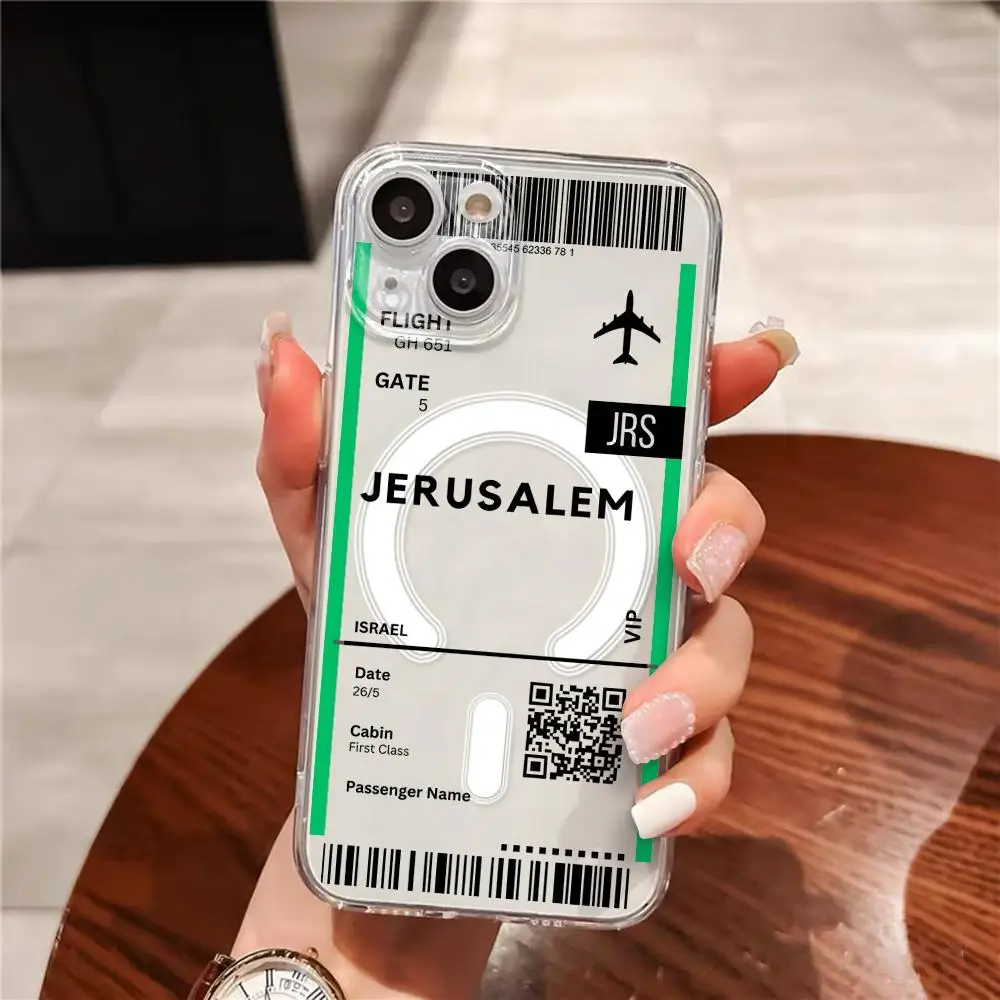Plane Travel Ticket israel Phone Case for iPhone 17 16 15 14 13 12 11 Pro Max Plus Clear Magnetic Shockproof Scratch-Resistant