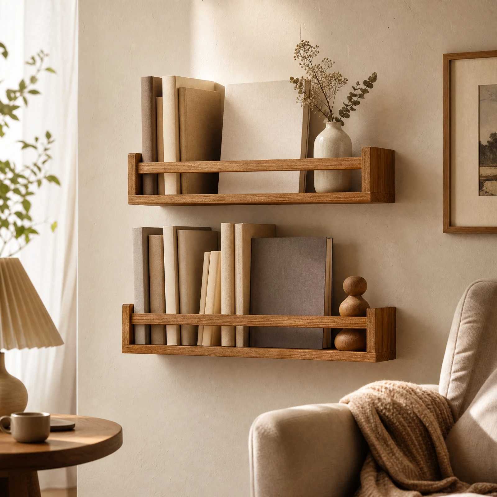 2 Pieces Wall-Mounted Wooden Storage Shelf Slim Wall Shelf with Front Retaining Rail Sturdy Oak for Nursery, Living Room