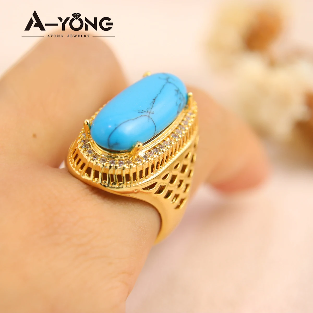 Luxury Turquoise Gold Plated Rings 21k Gold Color Saudi Fashion Big Ring Dubai Women Wedding Party Vintage Jewelry