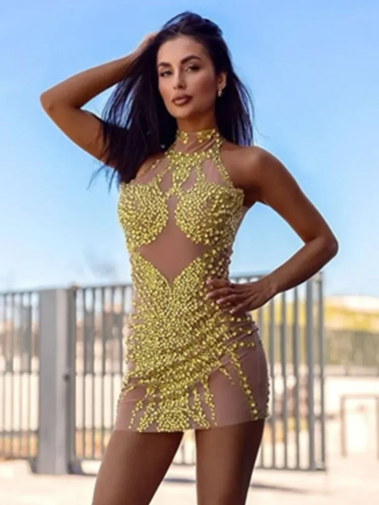 

Chic Women Sexy Tank Mesh Sequins Mini Crystal Diamonds Dress Birthday Party Costume Bar Nightclub Stage Performance Clothing