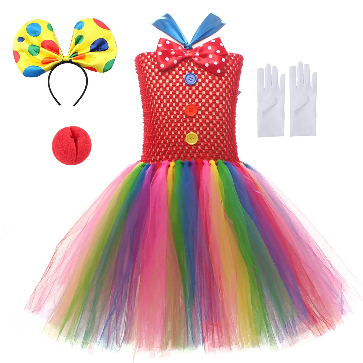 Rainbow Clown Tutu Dress Set with Headband Hat Nose Gloves Colorful Layered Mesh Outfit Halloween Stage Show Attire Party Fit