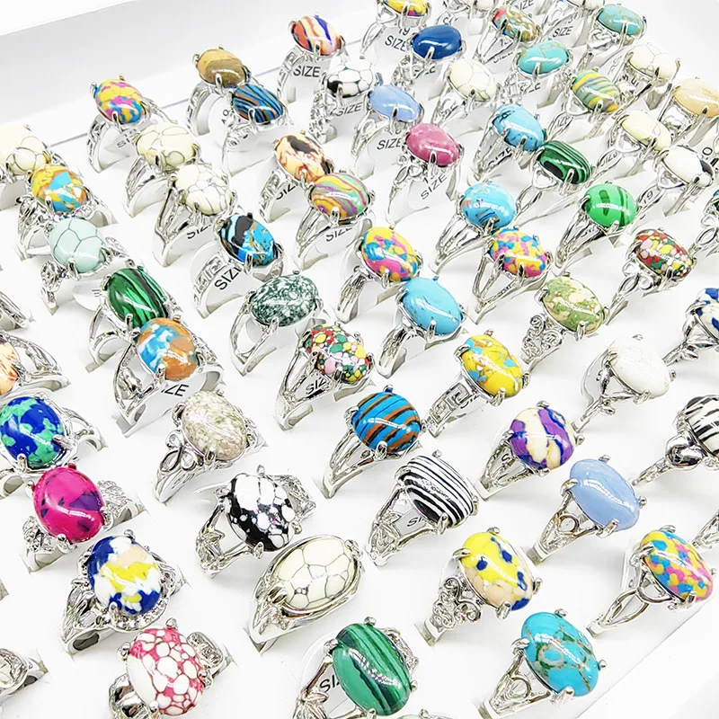20 teile/los Großhandel Bunte Oval Naturstein Finger Ringe Für Frauen Böhmen Mix Stil Silber Farbe Hohl Legierung Metall Schmuck – Detail 8