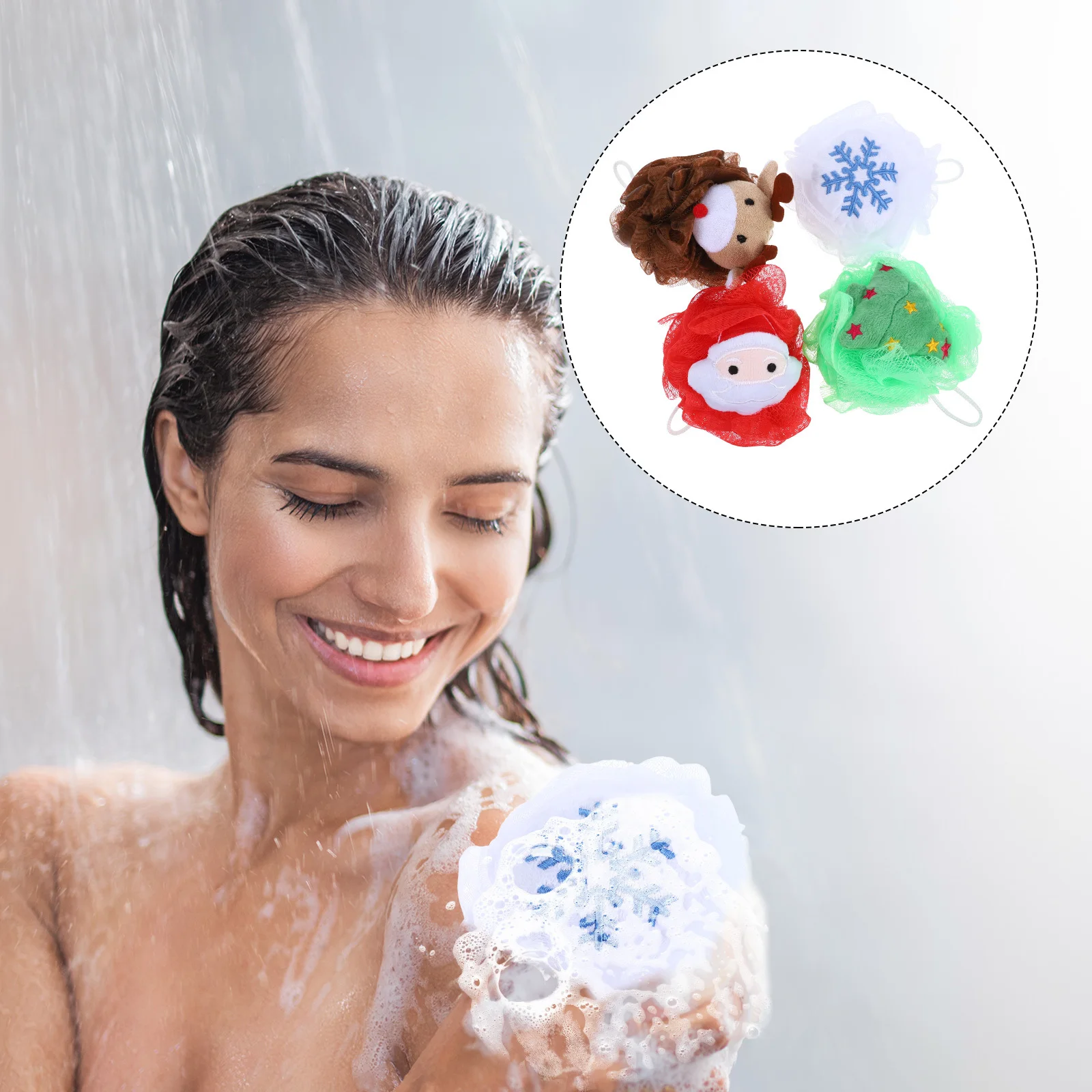 

4pcs Christmas Santa Bath Ball Soft Skin Cleaning Scrubber Exfoliating Loofah For Body Shower Deep Clean Bathroom Accessory