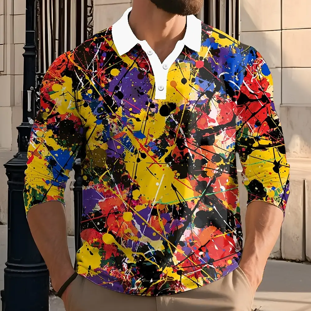 

Мужские рубашки поло с геометрическим рисунком Splash Ink, модные рубашки поло с длинными рукавами, спортивная одежда, повседневная одежда, дышащие топы на пуговицах с принтами для мужских топов