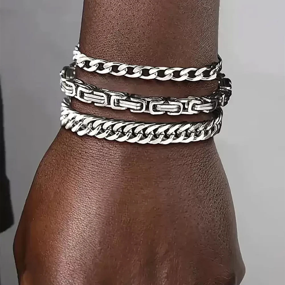 Stainless Steel New Colourfast Great Wall Pattern Bracelet Men's Hip-Hop Punk Style Cuban Chain Multi-Layer Stackable Bracelet