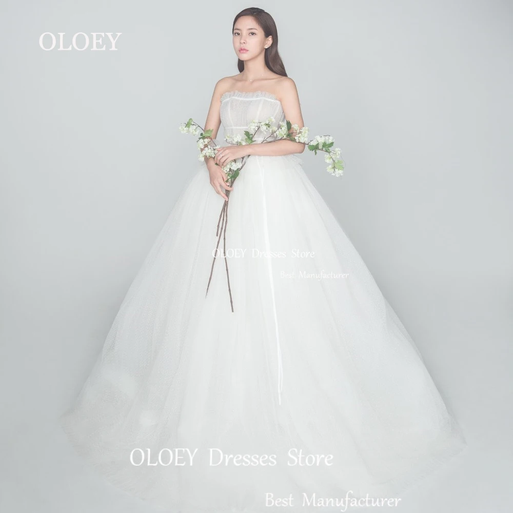 

OLOEY Strapless A Line Wedding Dress Korea Photoshoot Pleats Soft Tulle Sleeveless Bridal Gown Floor Length Corset Zipper Back