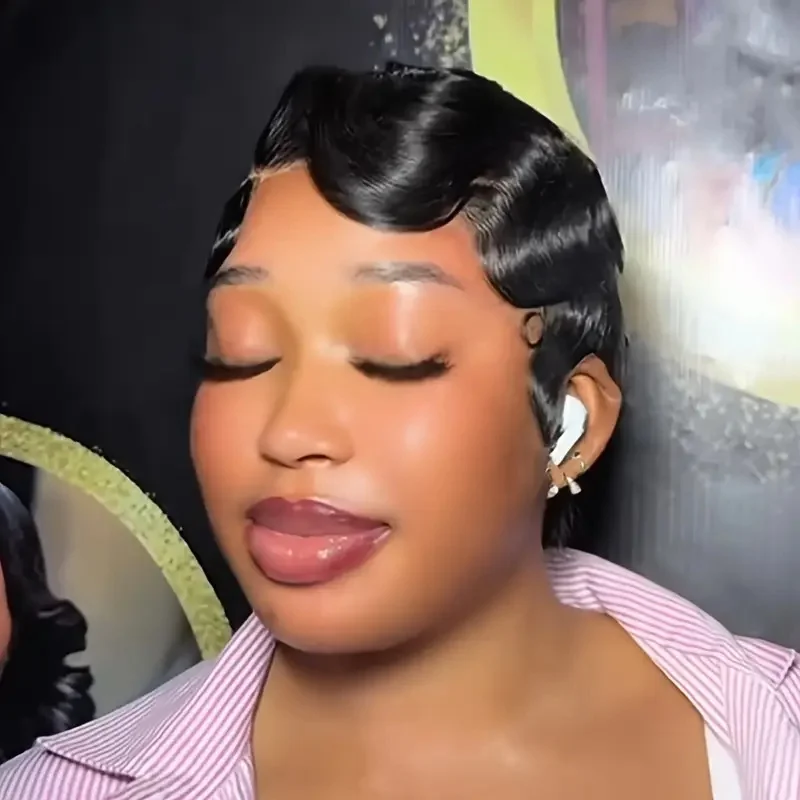 วิกผมทรงพิกซี่คัท ผมมนุษย์แท้ ลอนนิ้วสั้น ผลิตด้วยเครื่องจักรทั้งหัว สำหรับผู้หญิง ดูเป็นธรรมชาติ