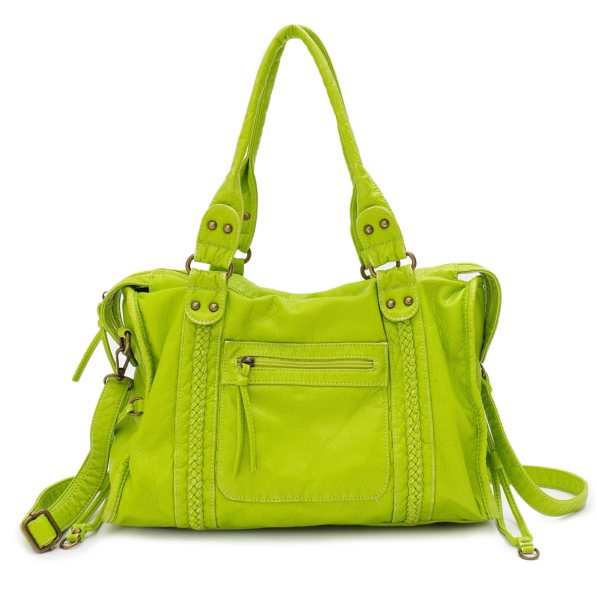 Vintage gewaschenes PU-Leder, große Kapazität, Reißverschlusstaschen, geflochtenes Dekor, Schultertasche, Umhängetasche, Unisex, Damen, tägliche Reisehandtasche