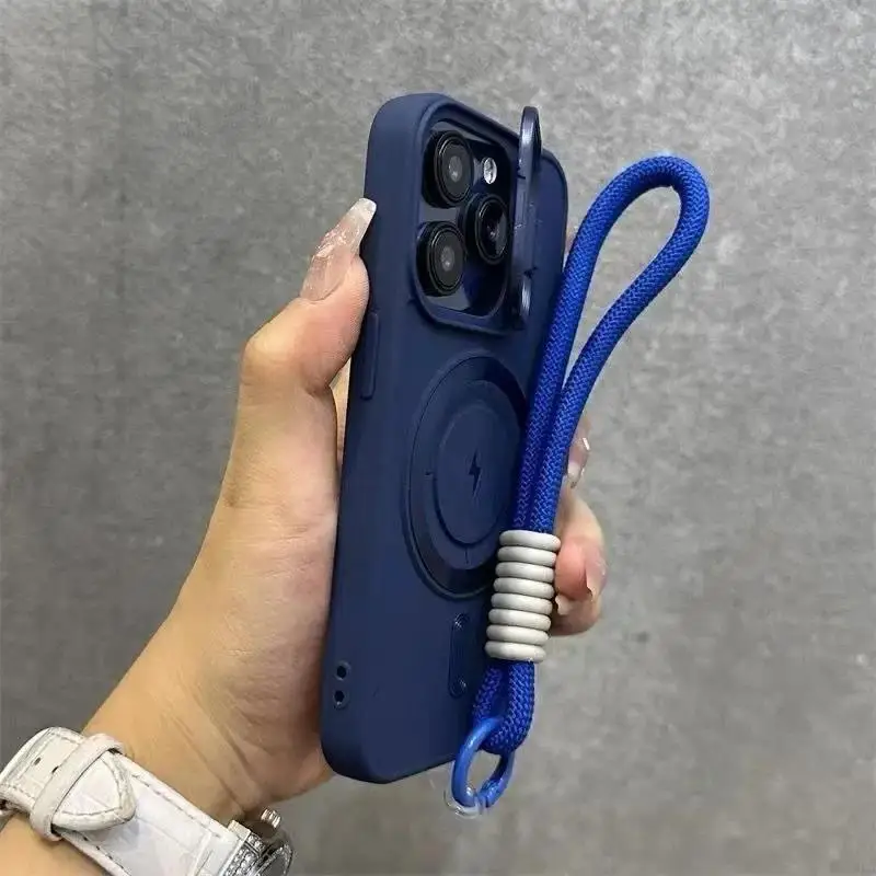Klappbarer Objektivständer für MagSafe-Handschlaufenhülle für iPhone 14 18 17 15 13 16 11 12 Pro Max Air, einfarbige stoßfeste Hülle