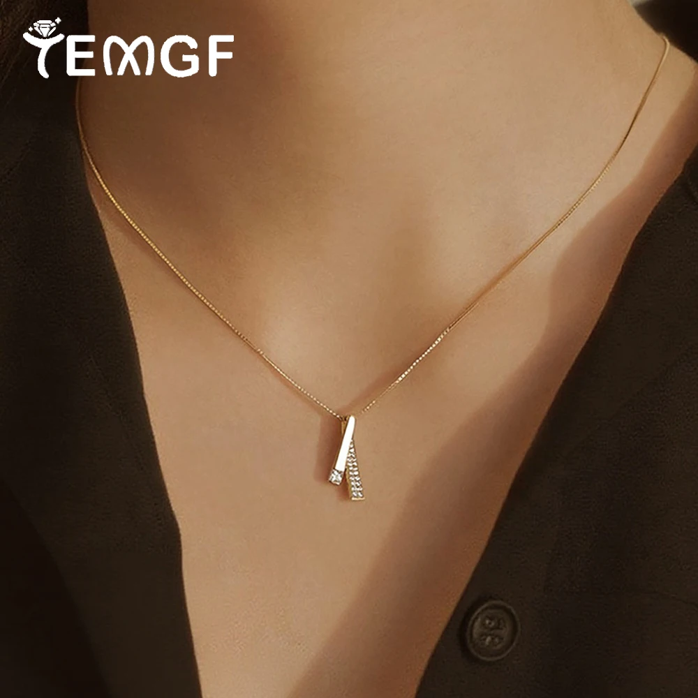 

TEMGF Geometric Line Pendant Necklace 925 Sterling Silver Chain 2.5mm Zircon/Moissanite Inlay Fine Jewelry for Elegant Women