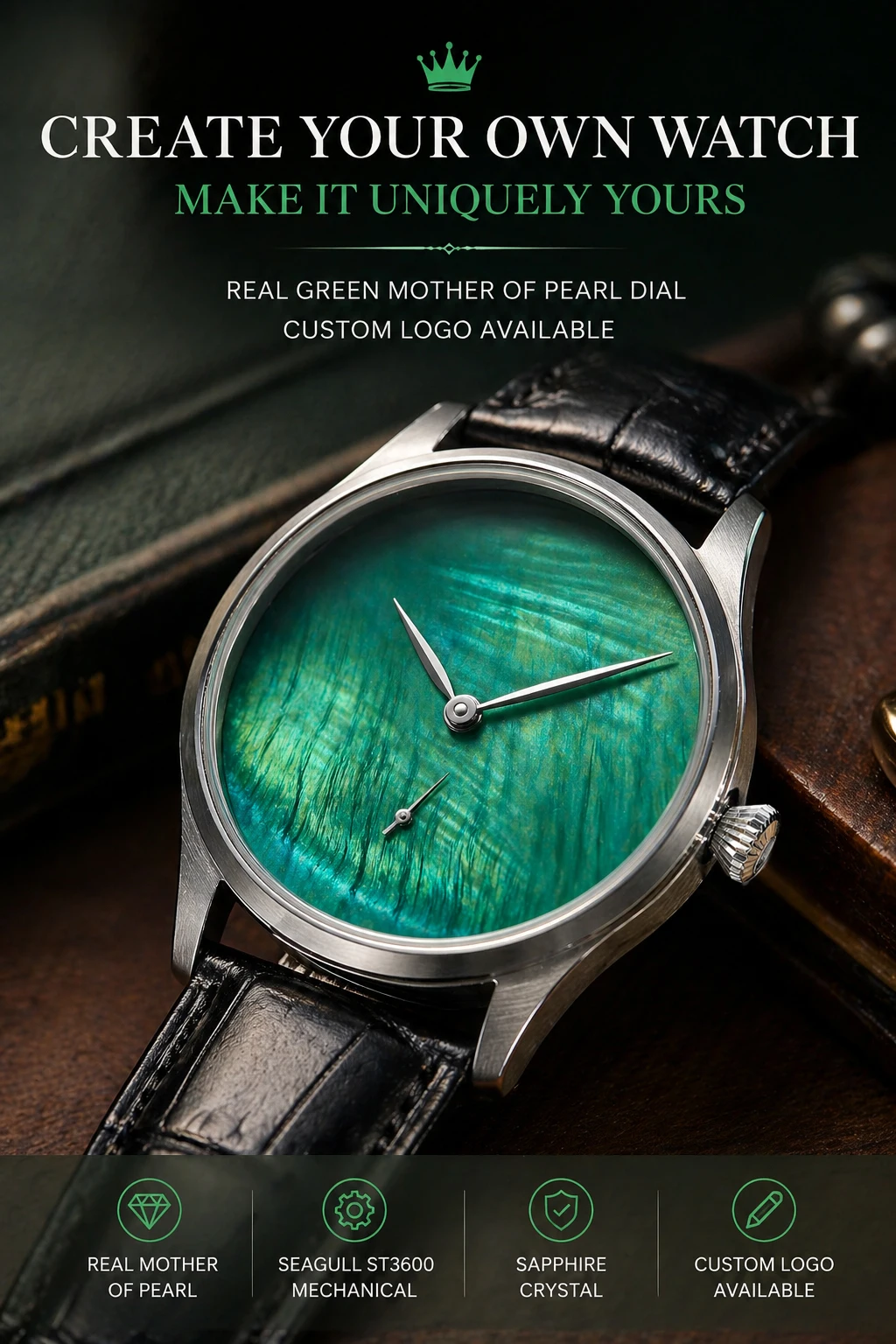 Custom Logo Mechanical Watch 42mm Seagull ST3600 Hand Wind Sapphire Crystal Green Mother of Pearl Dial Gift Men