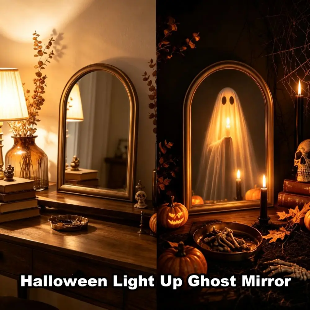 LED Glowing Ghost Mirror Ghost Shaped Warm LED Lights Light Up Ghost Mirror Illuminated Battery Powered Wall Hanging Mirror