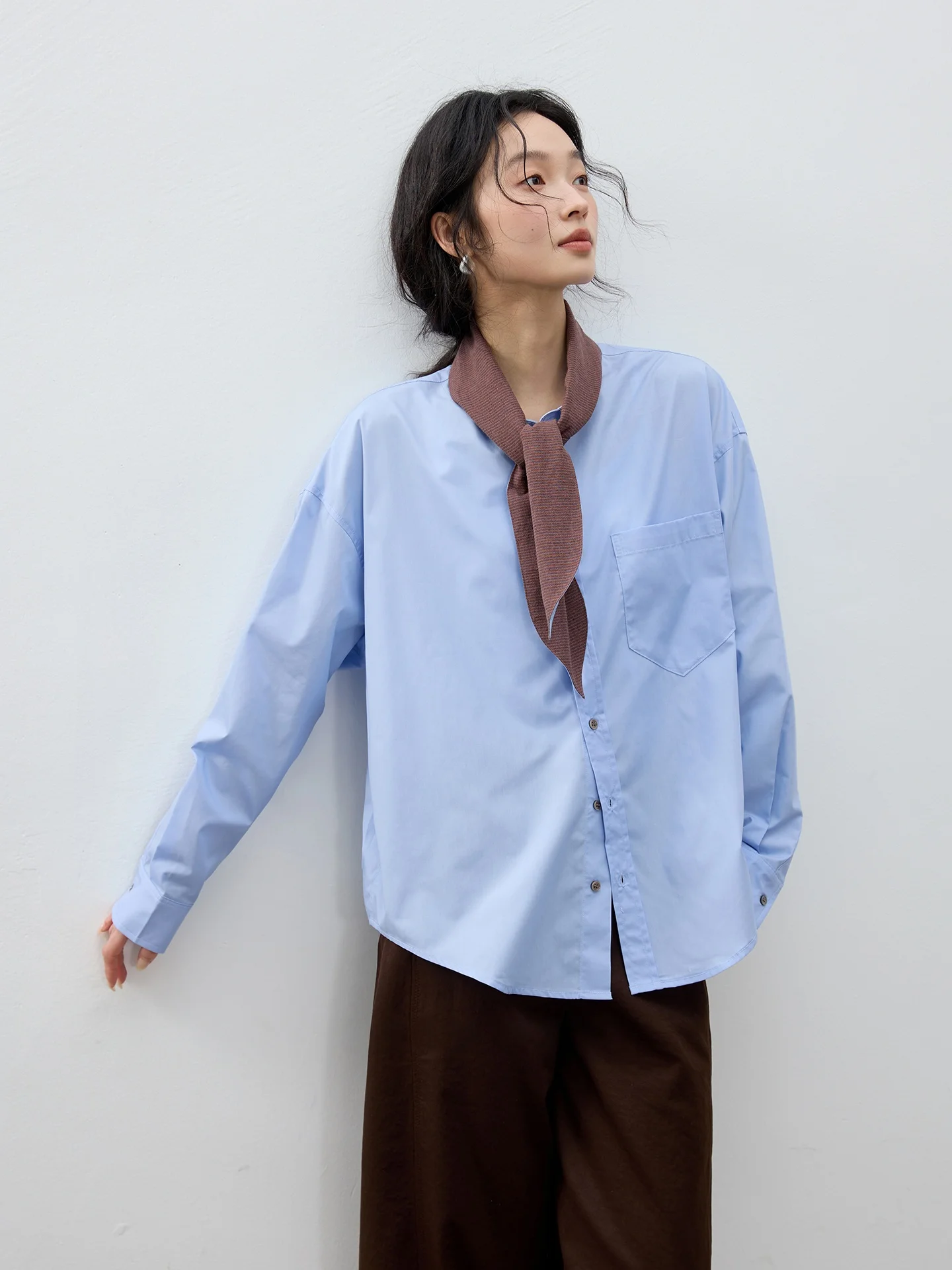 

Casual Long Sve Women's irt Spring 2026 New Sle Rabbit Ear Collar Color Blo Cotton Polyester Blend Loose Fit irt