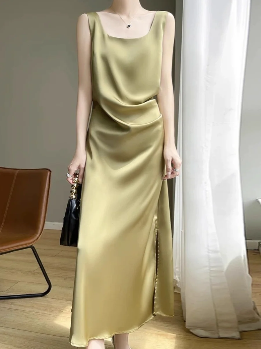 Ele Satin Wrap Dr المرأة التخسيس مطوي عالية الخصر غير المتكافئة هملين ماكسي Dr للتنقل موسم الصيف