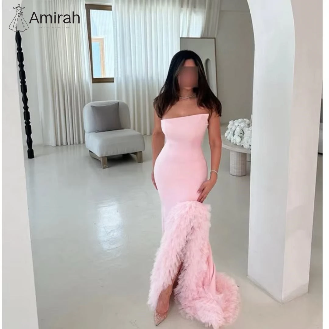 

Amirah Custom Made Dresses Evening Dresses for Luxury Party Fish Tail Slit Women Evening Dress 2025 Chiffon Pink Off-shoulder