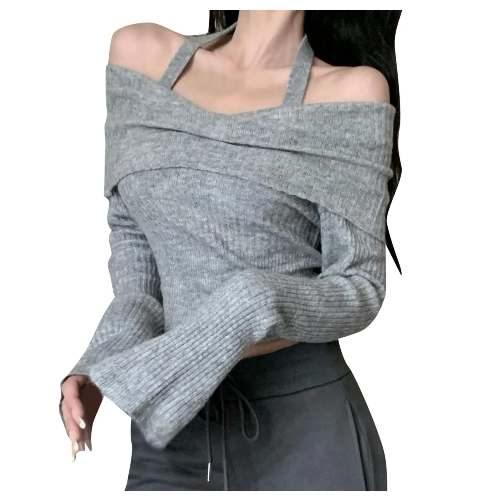 Solid Slim Knitted Women Top Halter Off Shoulder Long Sleeve Female Sweaters 2024 Fashion All Match Casual Lady Pullovers