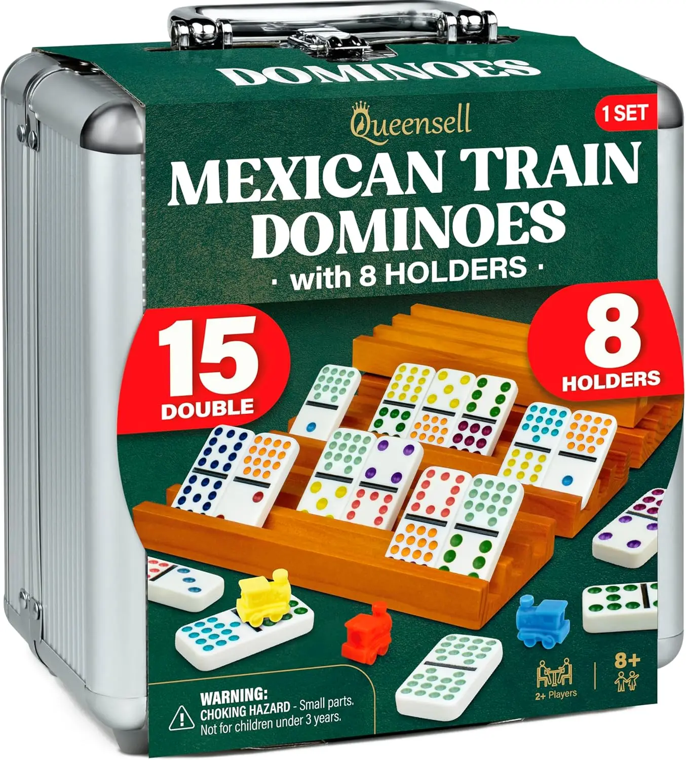 

Mexican Train Dominoes Set Double 15 with 8 Holders - Wooden Hub and Tiles, 136 Pieces, 9 Trains, Score Pad, Aluminum Case