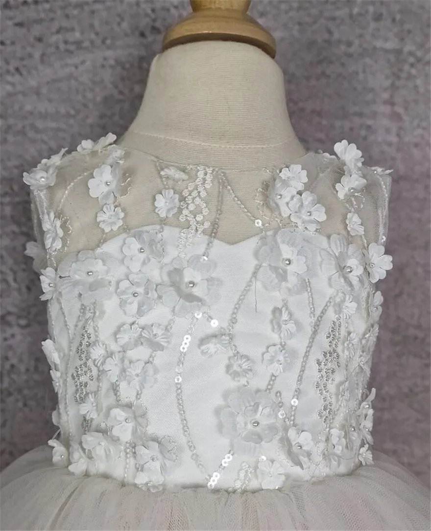 Robe de demoiselle d'honneur blanche ivoire pour filles, dentelle florale 3D, robe de baptême en tulle, robe d'anniversaire pour tout-petits, robe de soirée de Rh, taille personnalisée