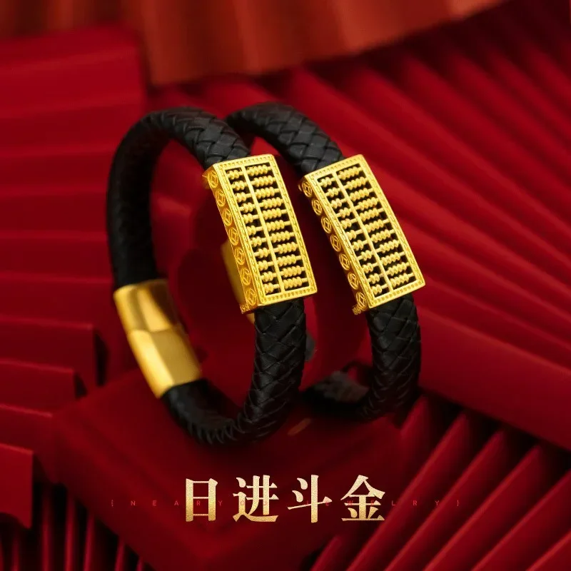 

9999 Real Gold 24K Gold Edition Abacus Leather Rope Bracelet, Men's Fashion Ethnic Style Abacus Leather Rope Bracelet Bracelet