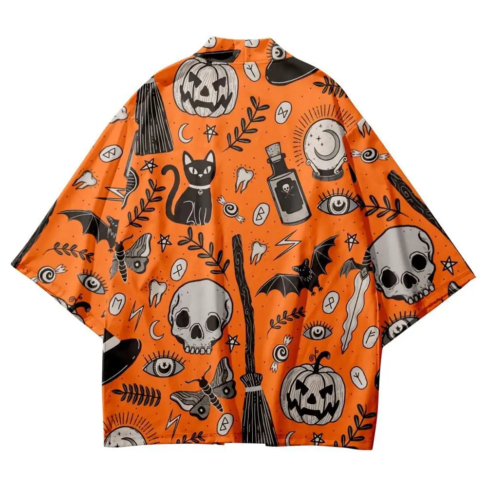 

Orange Japanese Skeleton Print Kimono Cardigan Cosplay Shirt Blouse for Women Men Yukata Summer Beach Haori Traditional Tops