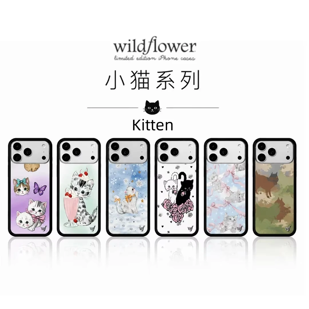 Neue Wildflower INS Niedliche Kätzchen-Handyhülle für iPhone 11 12 13 14 15 16 17 Pro Max Plus Cartoon Meow WF Stoßfeste Schutzhülle ﻿ ﻿