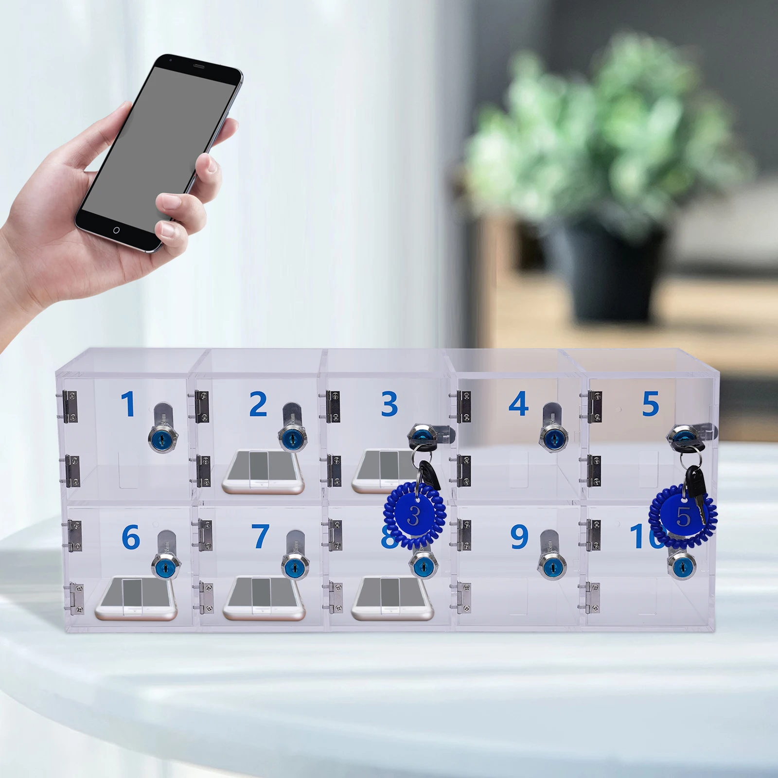 Clear Cell Phone Locker Box with Door Locks and Keys Wall-Mounted Cell Phones Storage Cabinet Pocket Storage Locker Box for Offi