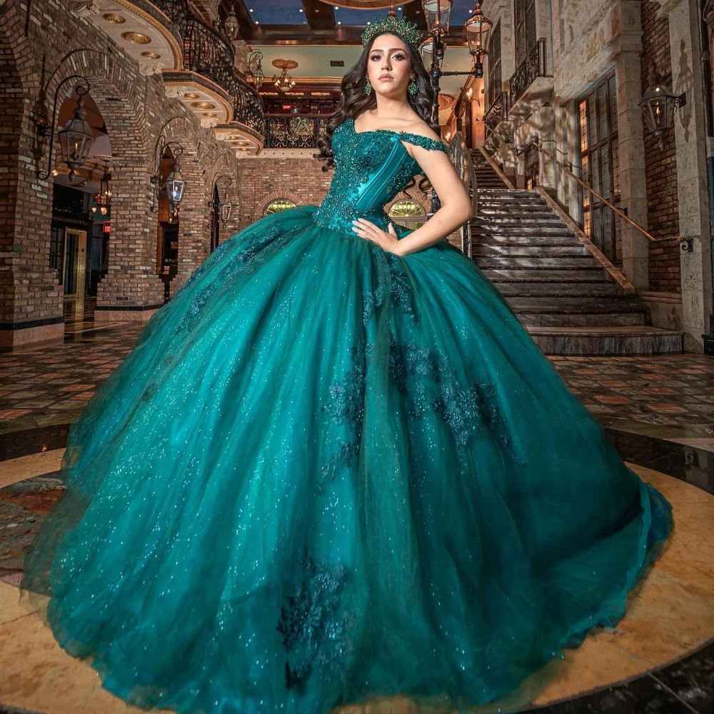 

EVLAST Customized Shiny Dark Green Quinceanera Dress Ball Gown Applique Beaded Crystal Corset Sweet 16 Vestido De 15 Anos E3Q296