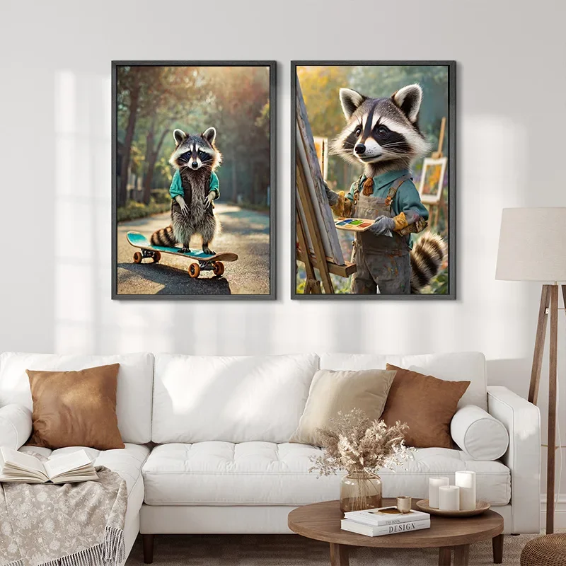 Cuadro de lote de 2026: Lienzo sin marco con retrato de animal vintage, diseño de pirata con traje de mapache, para decoración del hogar y regalo.