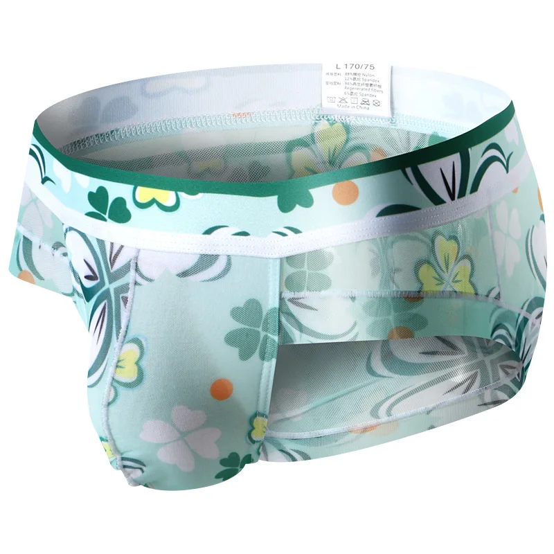 Men's Floral Print Mesh Briefs with U Pouch Low Waist Breathable G-String Underwear Elastic Bikini Underpants