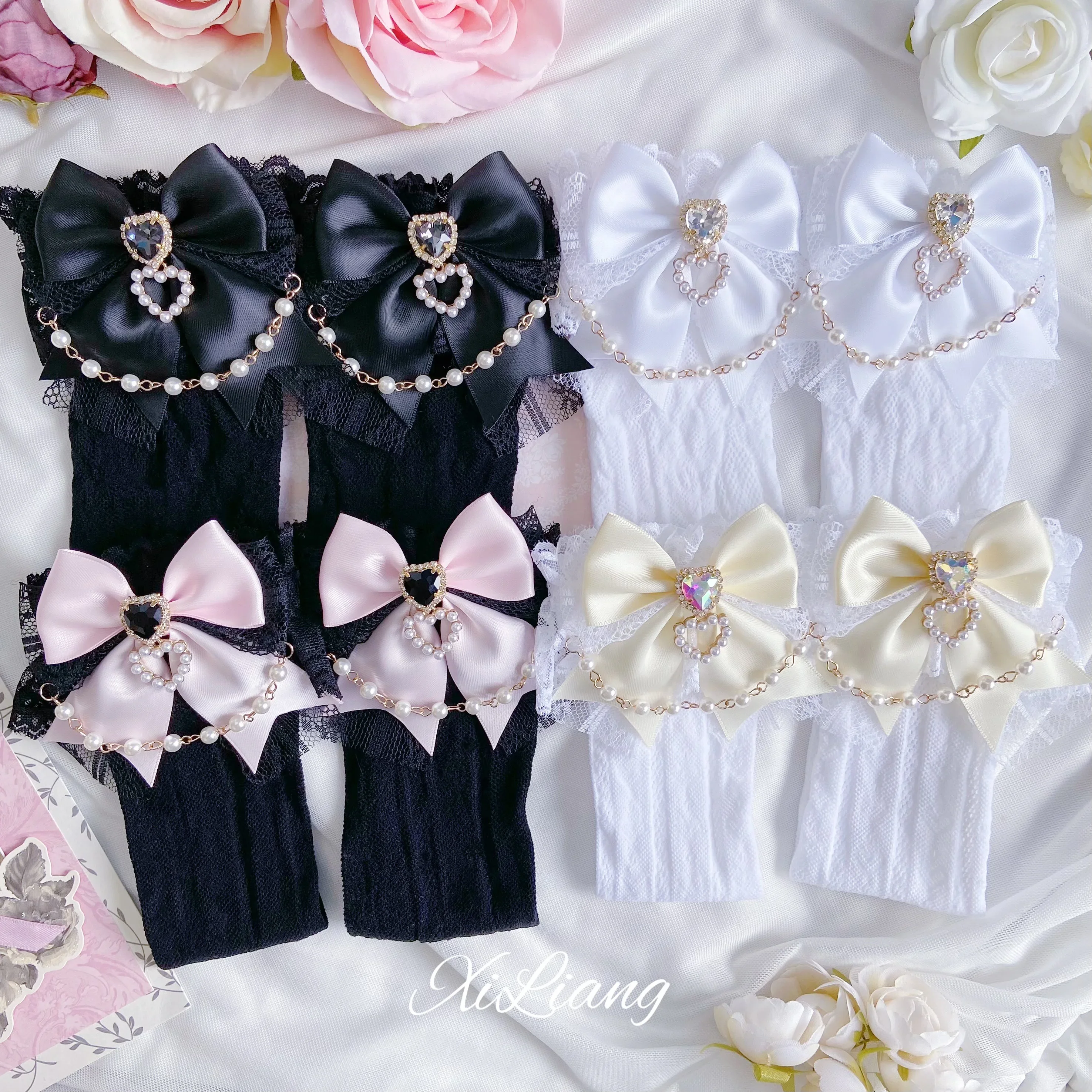 Calzini bianchi Kawaii carini in stile giapponese ragazze dolci Lolita Bow Pearl Heart calzini in pizzo per le donne primavera estate miniera