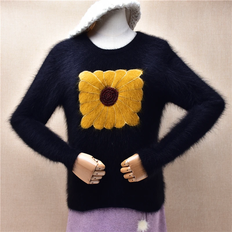 Women Mujer Autumn Winter Black Sunflower Angora Rabbit Hair Knitted O-Neck Long Sleeves Slim Blouses Pullover Sweater Jumper