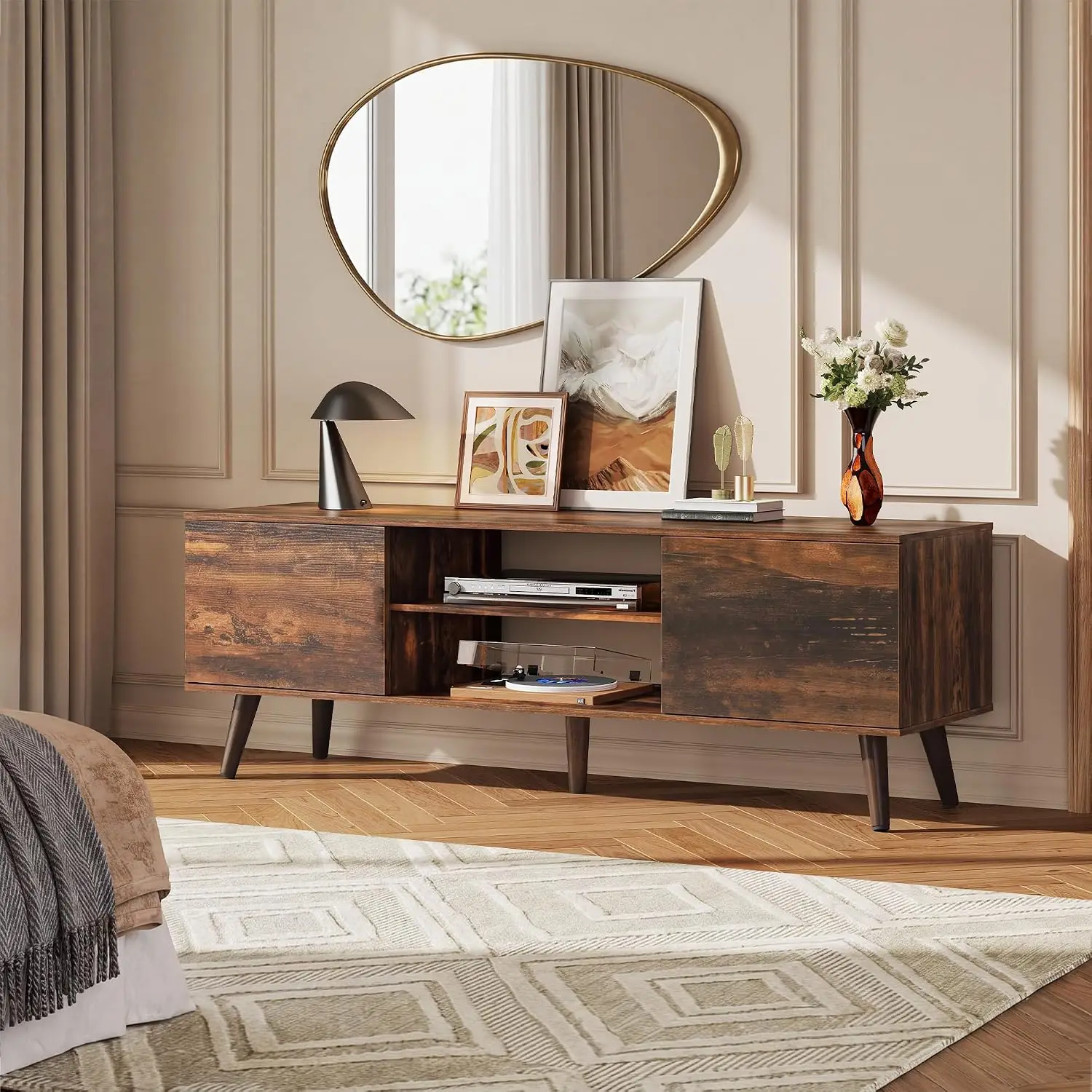 Mid-Century Modern TV Stand for 55-60 Inch TVs, Entertainment Center with 2 Cabinets, Adjustable Shelf & Soft-Close Hinges, Media Console Table view 4